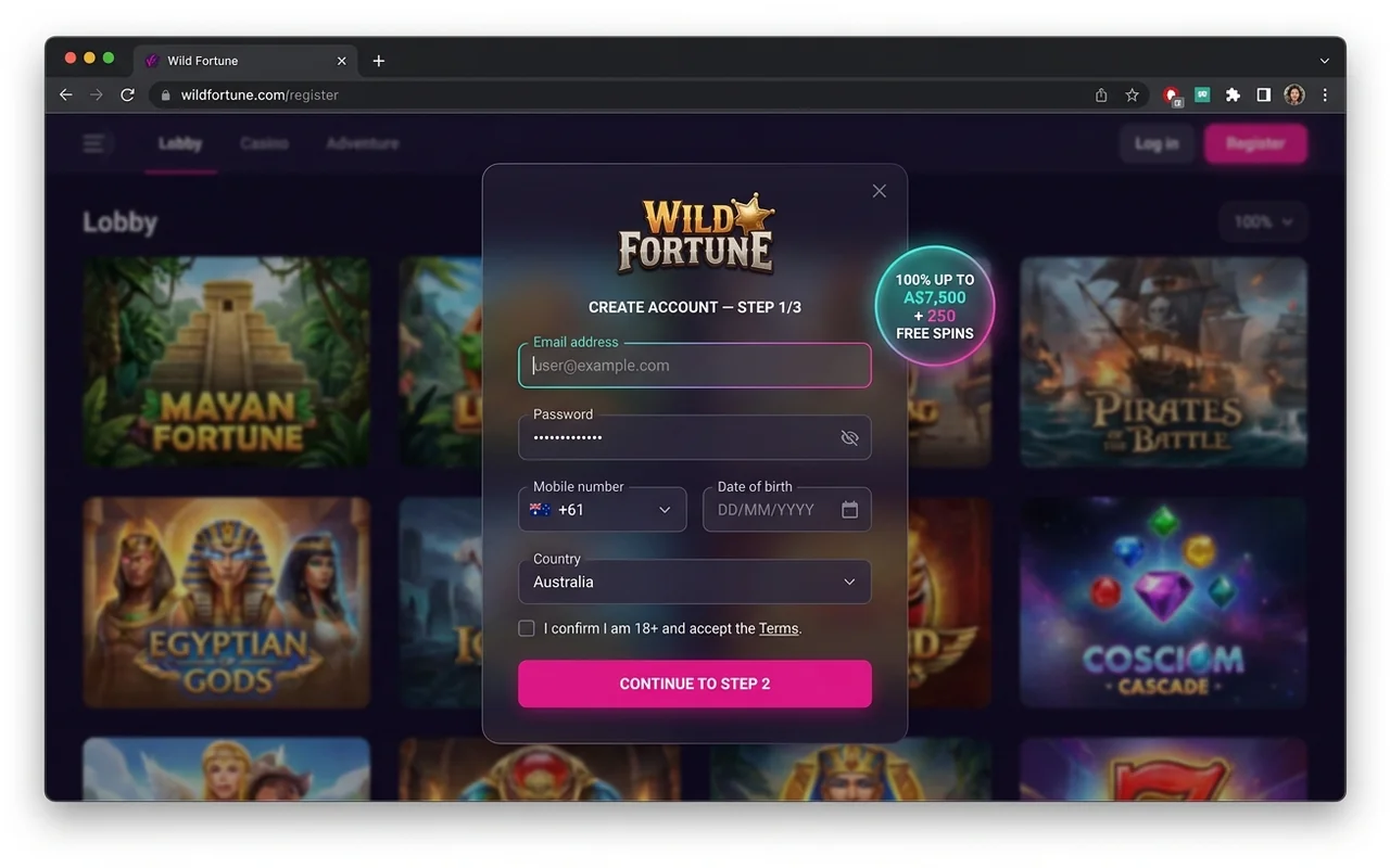 Sign up in under 60 seconds – Wild Fortune
